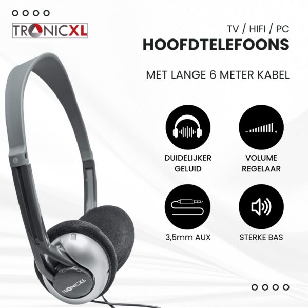 TronicXL TV hoofdtelefoon 6m lange kabel hoofdband geschikt voor TV Samsung LG Sony Toshiba DYON JVC Philips Apple iPad iMac computer etc. - stereo - jack - plug