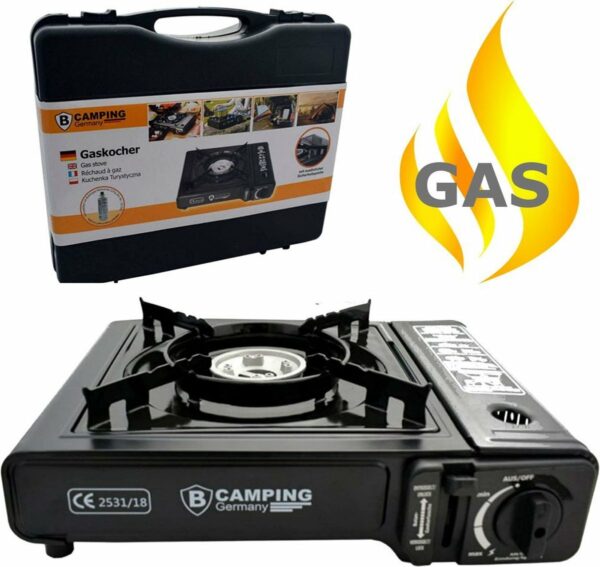 TronicXL Camping gasfornuis, nood gasfornuis, campingkooktoestel, gaskooktoestel, 1 vlam, piëzo-ontsteking, grillplaat, aluminium brander + 4 x cartridge gasfles butaan + grillopzetstuk + koffer set