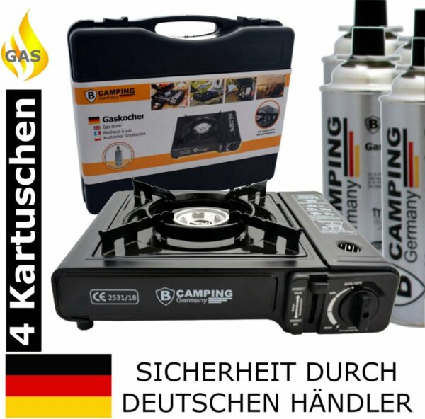 TronicXL Turbo gasfornuis, campingkooktoestel, noodgaskooktoestel , 1 vlam, piëzo-ontsteking, aluminium brander + 4 x cartridge gasfles butaan + koffer set