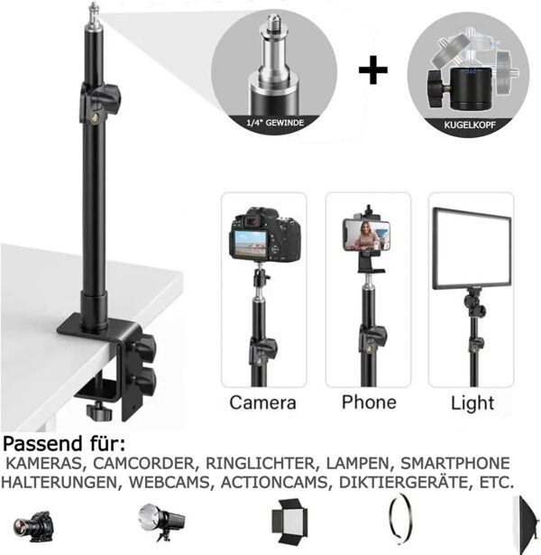 TronicXL Klemstatief, telescopische houder voor camera, tafelstatief, lichtstatief met 1/4 inch kogelkop, verstelbare houder, tafelklem voor DSLR-camera, ringlicht, live streaming video - Afbeelding 7