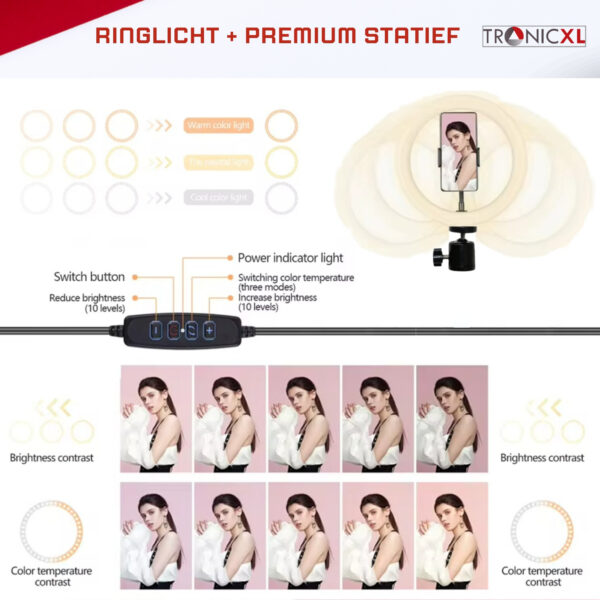 TronicXL premium Set - 1,05m camerastatief met ringlamp, Balhoofd en mobiele telefoonhouder voor uw smartphone en geschikt voor iPhone - statief - Tripod – ring light – licht – live video streaming – geschikt voor youtube, TikTok en meer - Afbeelding 14