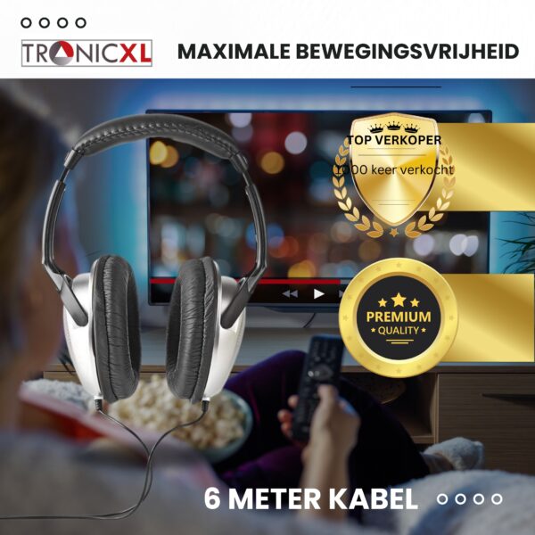 TronicXL Televisie hoofdtelefoon - 6 m lange kabel, Koptelefoon, hoofdbeugel, stereo tv, headset, pc, hifi, beugel, telefoon, 3,5 mm jack en 6,35 mm jackstekker, kabel 6m - Afbeelding 7