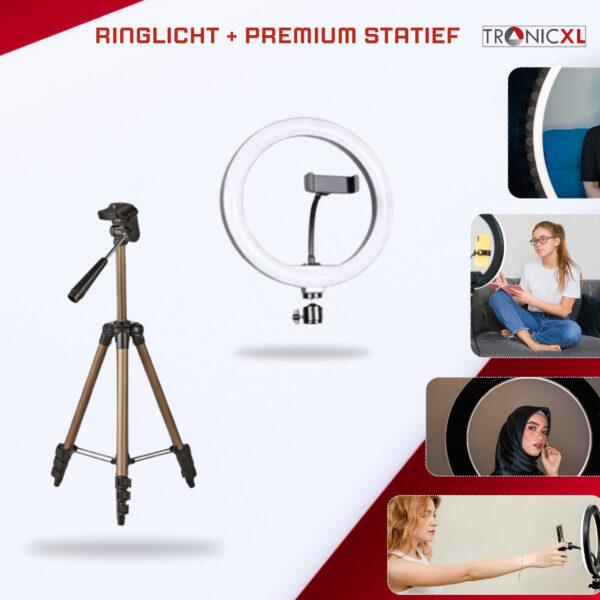TronicXL premium Set - 1,05m camerastatief met ringlamp, Balhoofd en mobiele telefoonhouder voor uw smartphone en geschikt voor iPhone - statief - Tripod – ring light – licht – live video streaming – geschikt voor youtube, TikTok en meer - Afbeelding 12