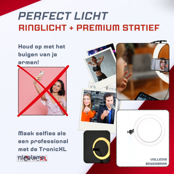 TronicXL premium Set - 1,05m camerastatief met ringlamp, Balhoofd en mobiele telefoonhouder voor uw smartphone en geschikt voor iPhone - statief - Tripod – ring light – licht – live video streaming – geschikt voor youtube, TikTok en meer - Afbeelding 11