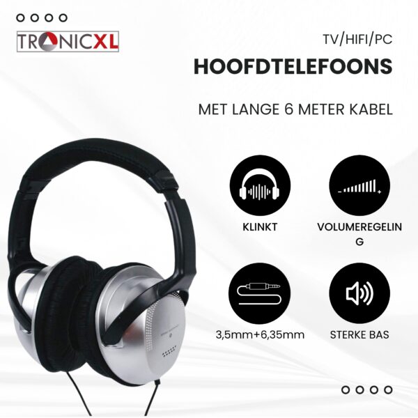 TronicXL Televisie hoofdtelefoon - 6 m lange kabel, Koptelefoon, hoofdbeugel, stereo tv, headset, pc, hifi, beugel, telefoon, 3,5 mm jack en 6,35 mm jackstekker, kabel 6m - Afbeelding 2