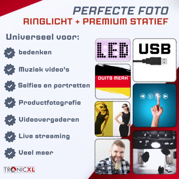 TronicXL premium Set - 1,05m camerastatief met ringlamp, Balhoofd en mobiele telefoonhouder voor uw smartphone en geschikt voor iPhone - statief - Tripod – ring light – licht – live video streaming – geschikt voor youtube, TikTok en meer - Afbeelding 9