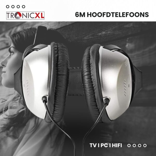 TronicXL Televisie hoofdtelefoon - 6 m lange kabel, Koptelefoon, hoofdbeugel, stereo tv, headset, pc, hifi, beugel, telefoon, 3,5 mm jack en 6,35 mm jackstekker, kabel 6m
