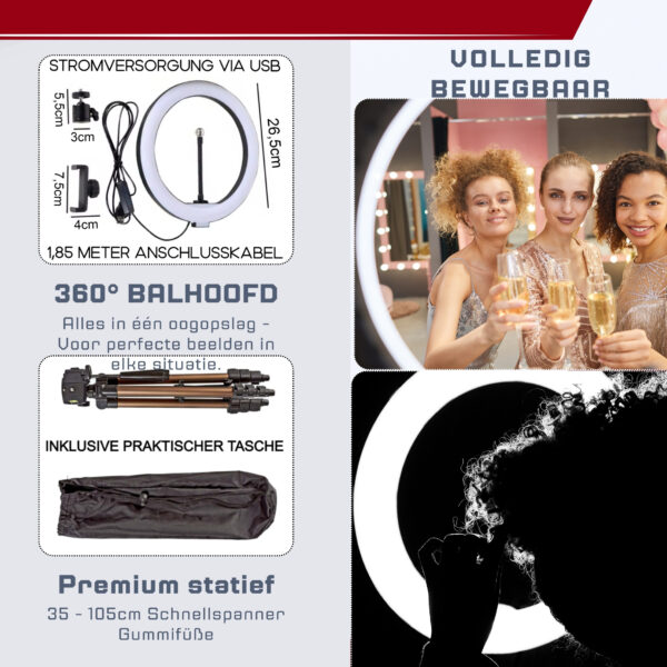 TronicXL premium Set - 1,05m camerastatief met ringlamp, Balhoofd en mobiele telefoonhouder voor uw smartphone en geschikt voor iPhone - statief - Tripod – ring light – licht – live video streaming – geschikt voor youtube, TikTok en meer - Afbeelding 7