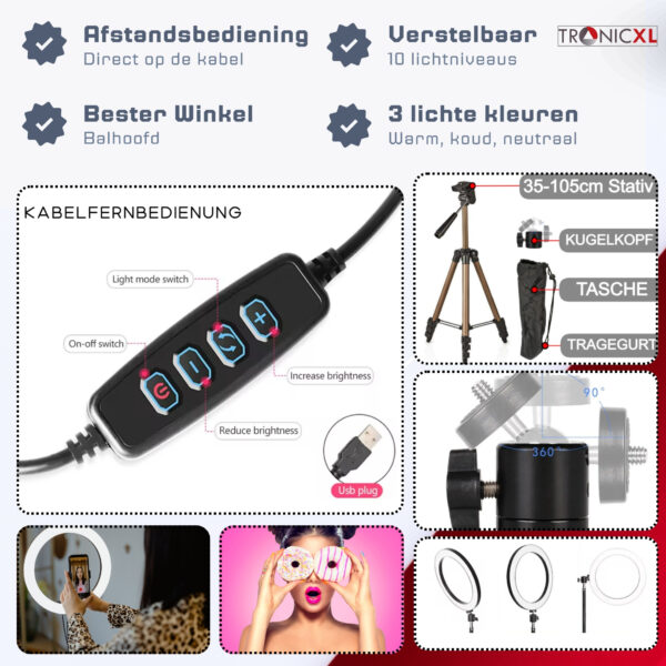 TronicXL premium Set - 1,05m camerastatief met ringlamp, Balhoofd en mobiele telefoonhouder voor uw smartphone en geschikt voor iPhone - statief - Tripod – ring light – licht – live video streaming – geschikt voor youtube, TikTok en meer - Afbeelding 6