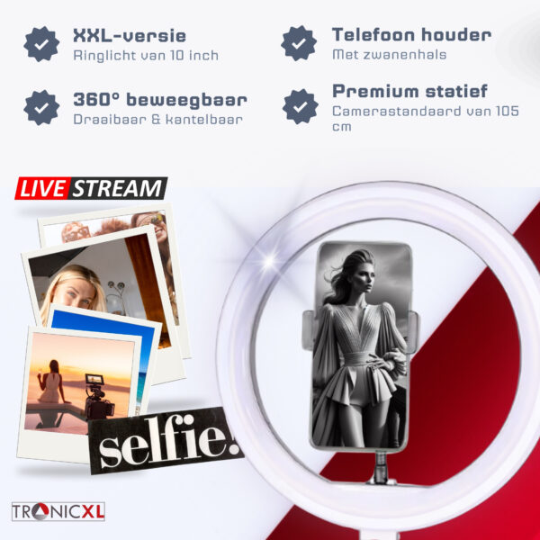 TronicXL premium Set - 1,05m camerastatief met ringlamp, Balhoofd en mobiele telefoonhouder voor uw smartphone en geschikt voor iPhone - statief - Tripod – ring light – licht – live video streaming – geschikt voor youtube, TikTok en meer - Afbeelding 5