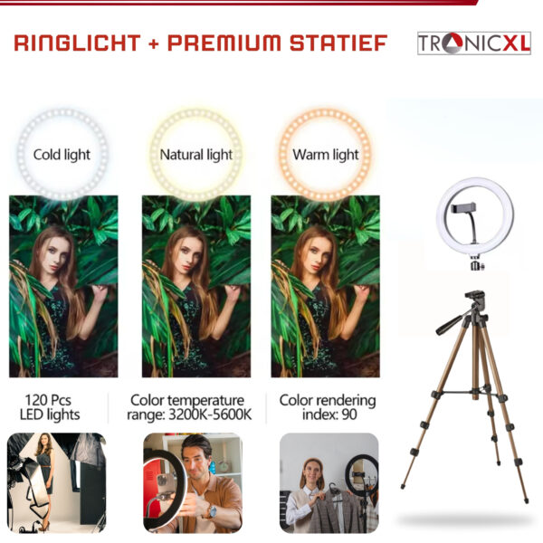 TronicXL premium Set - 1,05m camerastatief met ringlamp, Balhoofd en mobiele telefoonhouder voor uw smartphone en geschikt voor iPhone - statief - Tripod – ring light – licht – live video streaming – geschikt voor youtube, TikTok en meer - Afbeelding 4