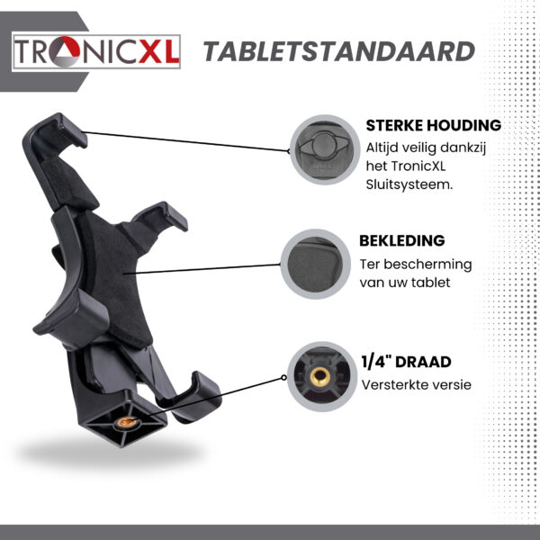 TronicXL Tablet en Camera statief 134 cm universeel voor uw tablet tot 19,5 cm - geschikt voor iPad Mini Air 1 2 Samsung Android - camera tripod met 3-weg panoramische kop – studio statief - Afbeelding 10