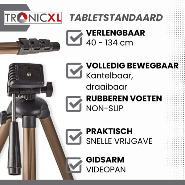 TronicXL Tablet en Camera statief 134 cm universeel voor uw tablet tot 19,5 cm - geschikt voor iPad Mini Air 1 2 Samsung Android - camera tripod met 3-weg panoramische kop – studio statief - Afbeelding 8