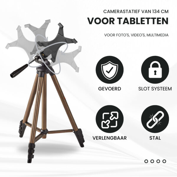 TronicXL Tablet en Camera statief 134 cm universeel voor uw tablet tot 19,5 cm - geschikt voor iPad Mini Air 1 2 Samsung Android - camera tripod met 3-weg panoramische kop – studio statief - Afbeelding 3