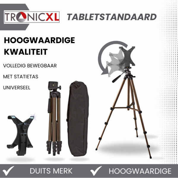 TronicXL Tablet en Camera statief 134 cm universeel voor uw tablet tot 19,5 cm - geschikt voor iPad Mini Air 1 2 Samsung Android - camera tripod met 3-weg panoramische kop – studio statief - Afbeelding 4