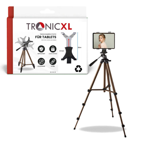TronicXL Tablet en Camera statief 134 cm universeel voor uw tablet tot 19,5 cm - geschikt voor iPad Mini Air 1 2 Samsung Android - camera tripod met 3-weg panoramische kop – studio statief