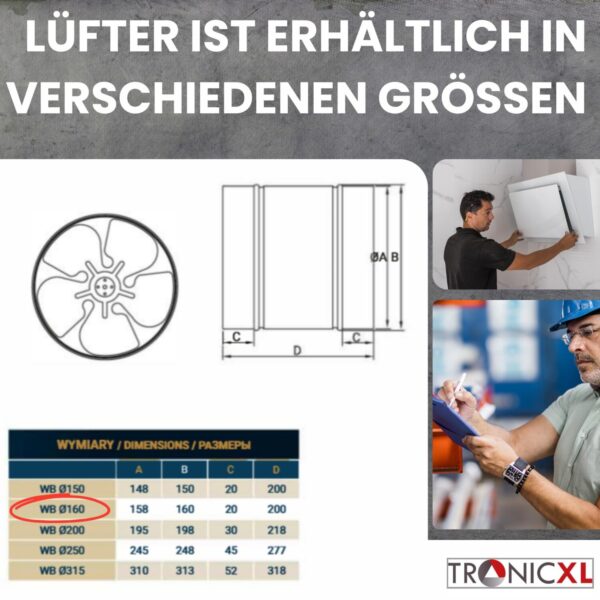 TronicXL Premium 160mm Industriële axiale buisventilator 280 m³/uur – stalen toevoerlucht en afvoerventilator – toevoerlucht en afvoerlucht – Pijp ventilator - kanaalventilator voor permanent gebruik - Blower – FAN – 16,0cm - Afbeelding 2