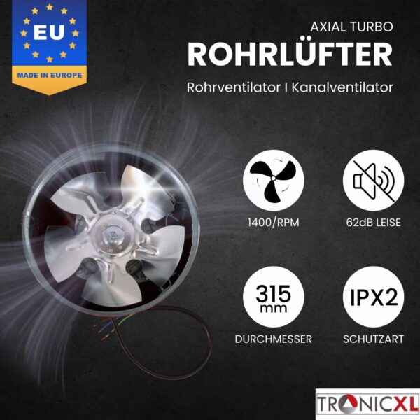 TronicXL Premium 315mm industriële axiale buisventilator 1000 m³/uur – stalen toevoerlucht en afvoerventilator – toevoerlucht en afvoerlucht – buis ventilator - kanaalventilator voor permanent gebruik – Blower – FAN - 31,5 cm - Afbeelding 4