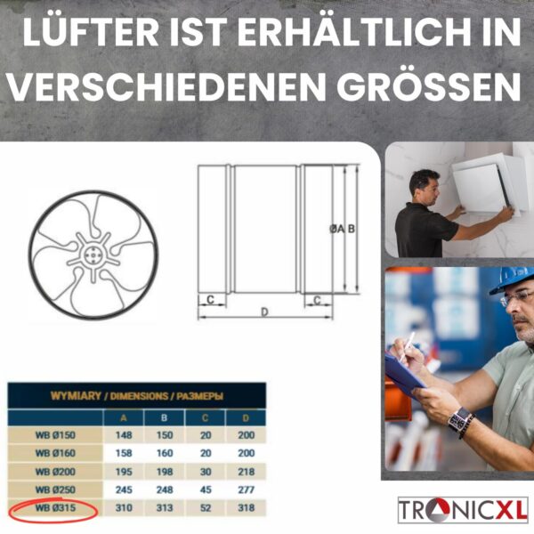 TronicXL Premium 315mm industriële axiale buisventilator 1000 m³/uur – stalen toevoerlucht en afvoerventilator – toevoerlucht en afvoerlucht – buis ventilator - kanaalventilator voor permanent gebruik – Blower – FAN - 31,5 cm - Afbeelding 2