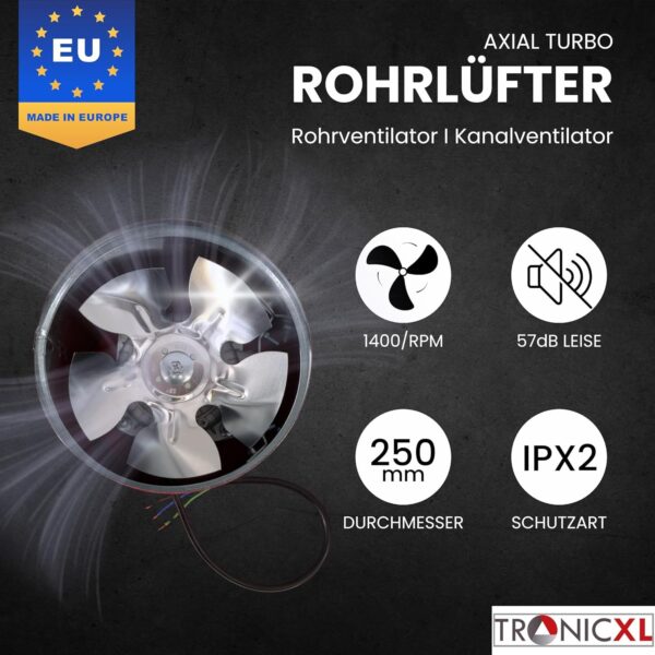 TronicXL Premium 250mm Industriële axiale buisventilator 600 m³/uur – stalen toevoerlucht en afvoerventilator – toevoerlucht en afvoerlucht – Pijp ventilator - kanaalventilator voor permanent gebruik – FAN – Blower - 25,0 cm - Afbeelding 3