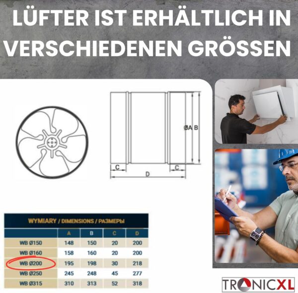 TronicXL Premium 200mm industriële axiale buisventilator 350 m³/uur – stalen toevoerlucht en afvoerventilator – toevoerlucht en afvoerlucht – Pijp ventilator - kanaalventilator voor permanent gebruik – FAN - Blower- 20,0 cm - Afbeelding 5