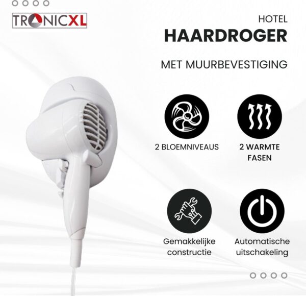 TronicXL Haardroger 2-delig - Hairstyler voor thuis en uw bedrijf - Föhn inclusief houder en muurbevestiging - voor uw vakantieappartement en meer - Afbeelding 6